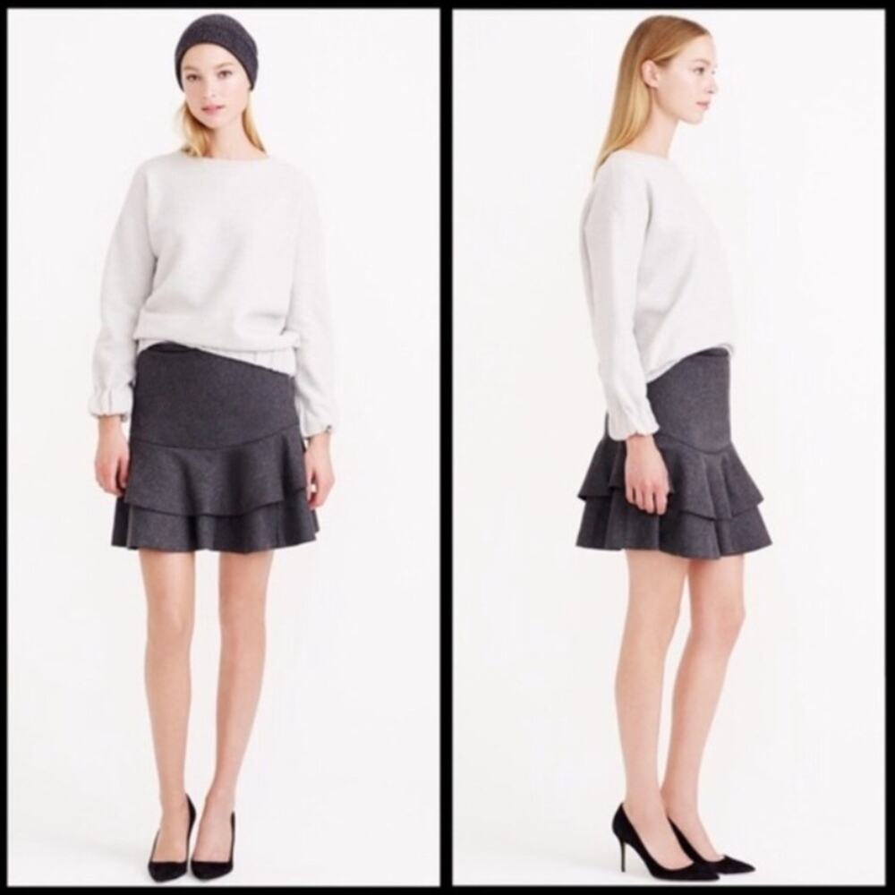 J. Crew Gray Ruffled Bonded Wool Flounce Mini Skirt in heather charcoal Size 2